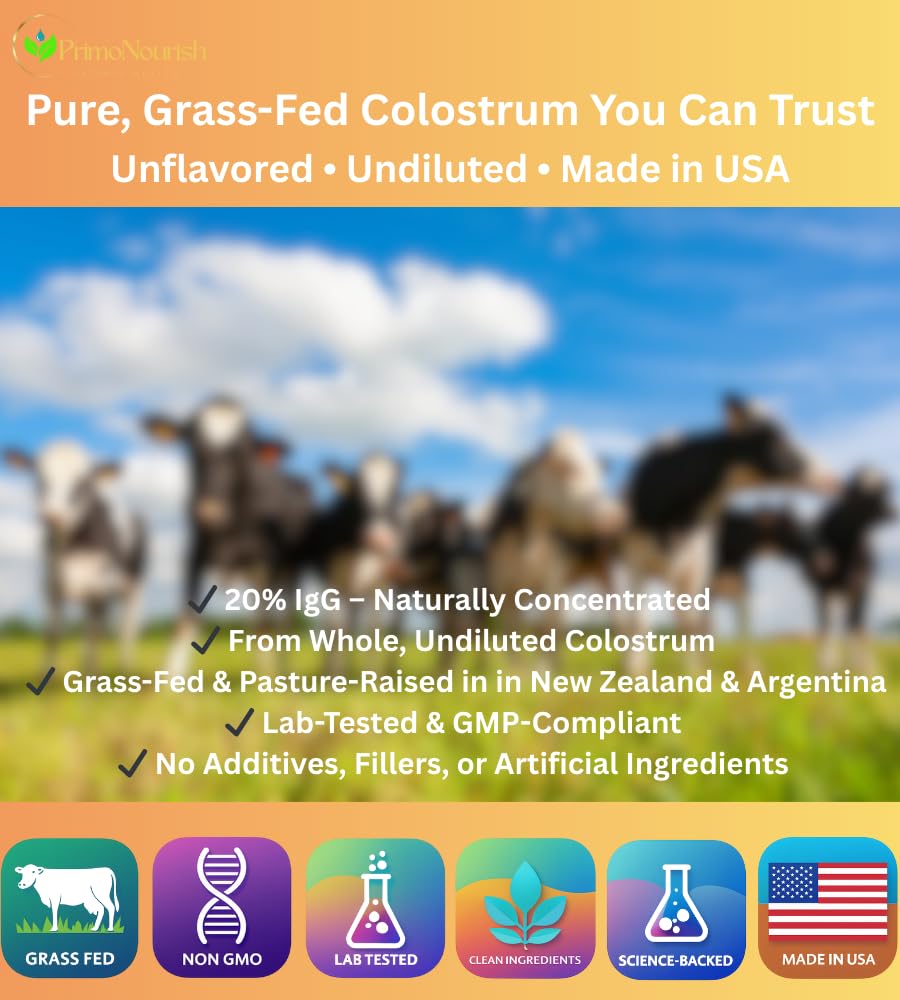 PrimoNourish colostrum powder label closeup emphasizes 20% IgG concentration.