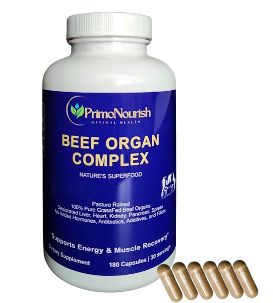 PrimoNourish Grass-Fed Beef Organ Complex bottle for daily wellness