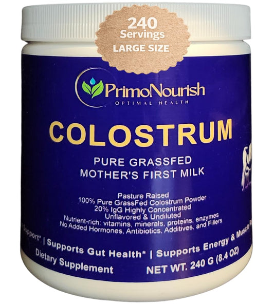 PrimoNourish grass-fed colostrum powder bottle shown for immune and gut support.