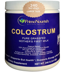 PrimoNourish grass-fed colostrum powder bottle shown for immune and gut support.