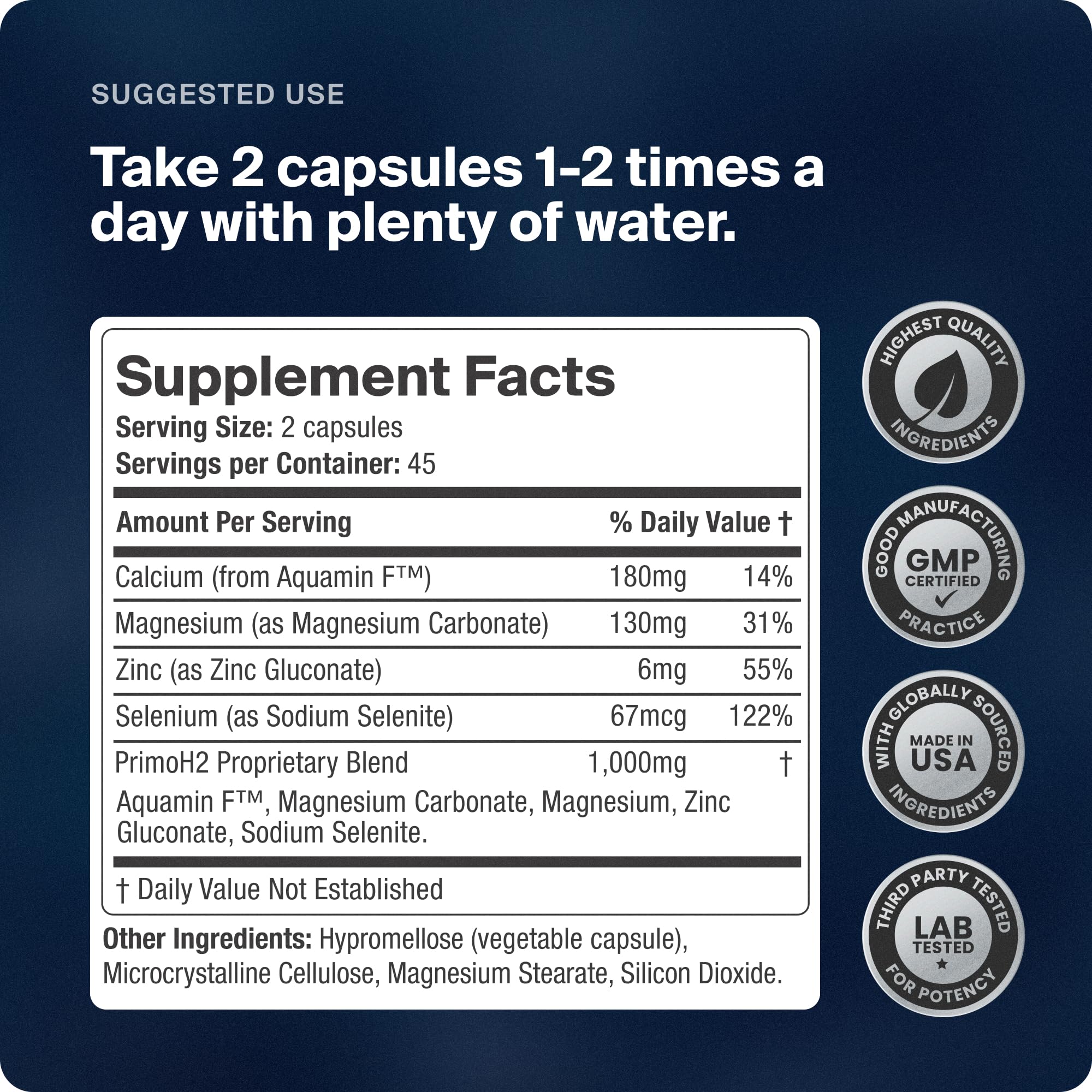 Red marine algae minerals in PrimoH2 support trace mineral intake for wellness.