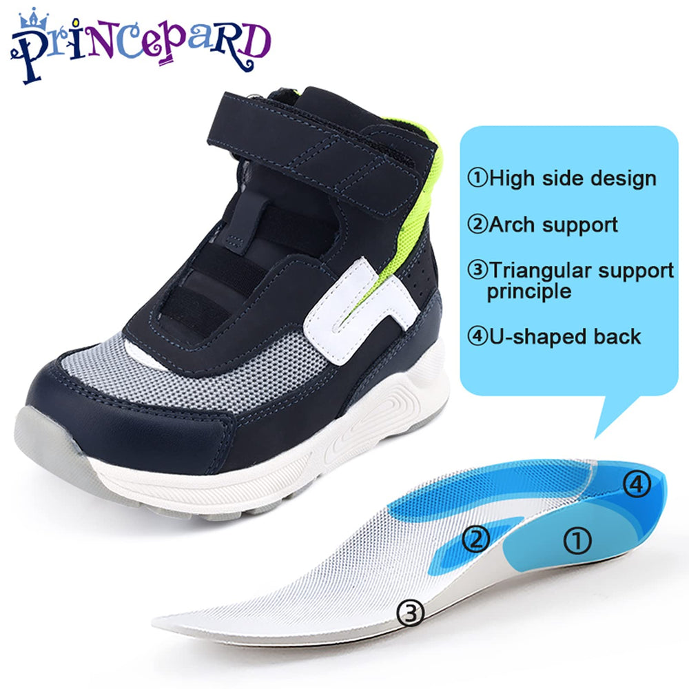 Princepard high-top sneakers with ankle support promote stable footing during active play.