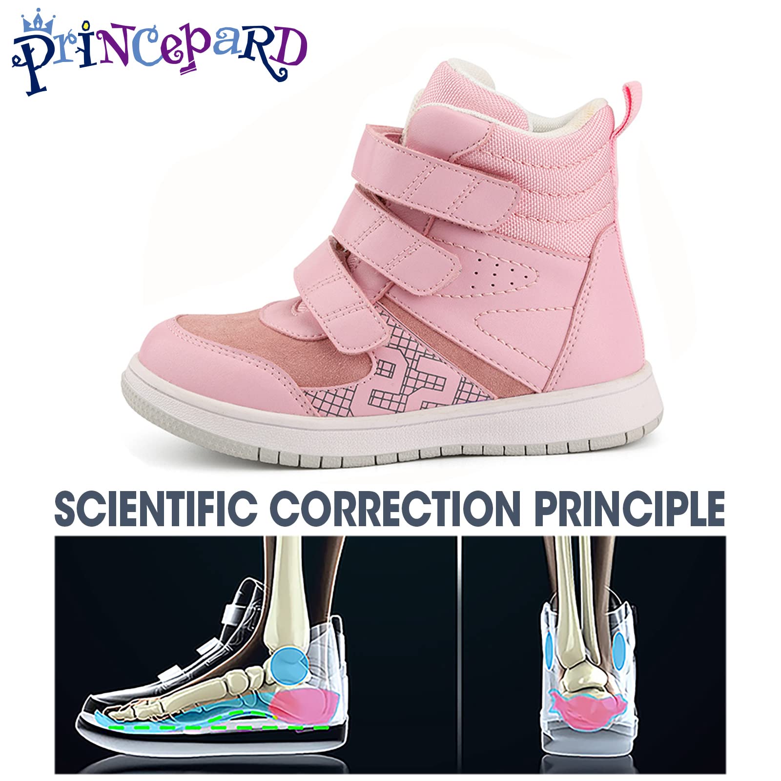 Princepard Kids Orthopedic Shoes pink heel view highlighting posture guidance.