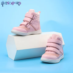 Princepard Kids orthopedic shoes pink high-top front view with secure strap closure for adjustable fit