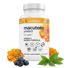 Pristene Macutene Protect bottle front view highlighting vegan, gluten-free, lab-tested formula for eye health