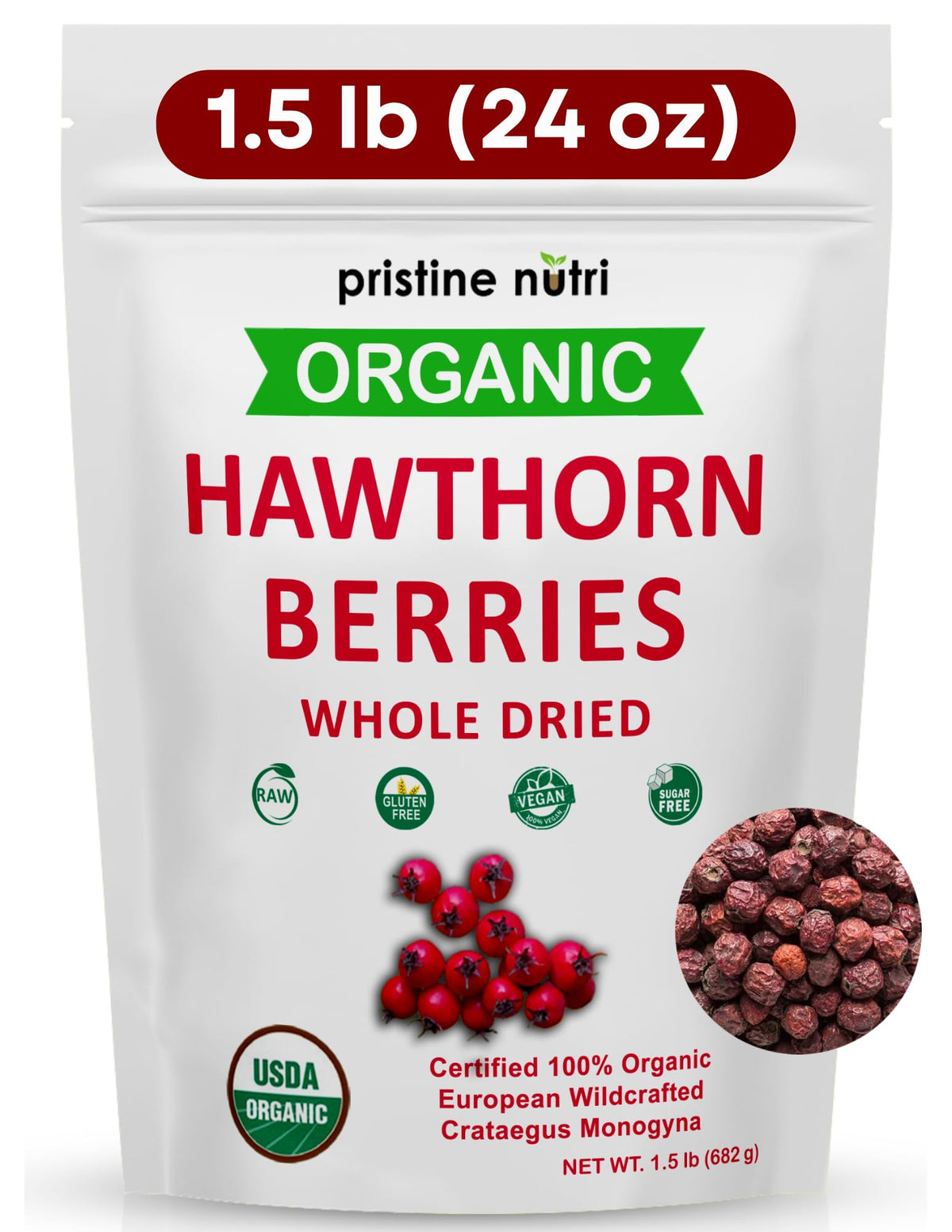 Pristine Nutri hawthorn berries dried bulk bag for easy storage and bulk savings.