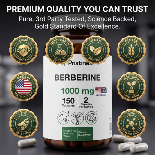 PRISTINE'S Berberine capsules dosage close-up shows serving size for daily use