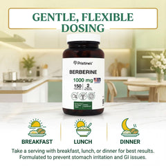 PRISTINE'S Berberine capsules label closeup highlights supplement facts and branding