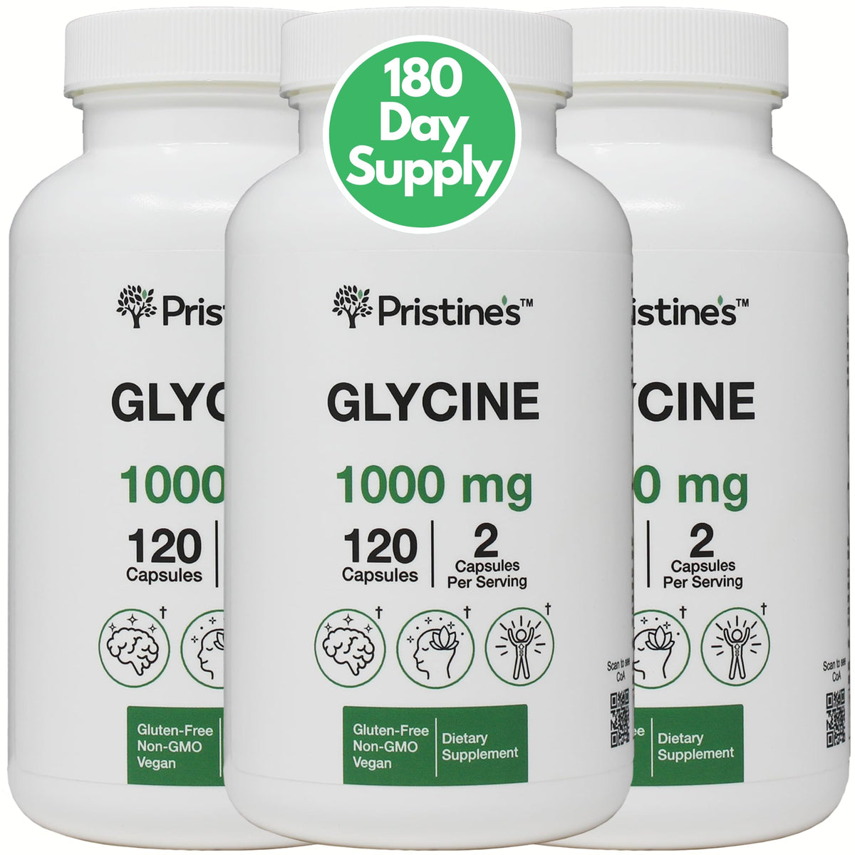 PRISTINE'S Glycine bottle front with 1000mg capsules for sleep support.