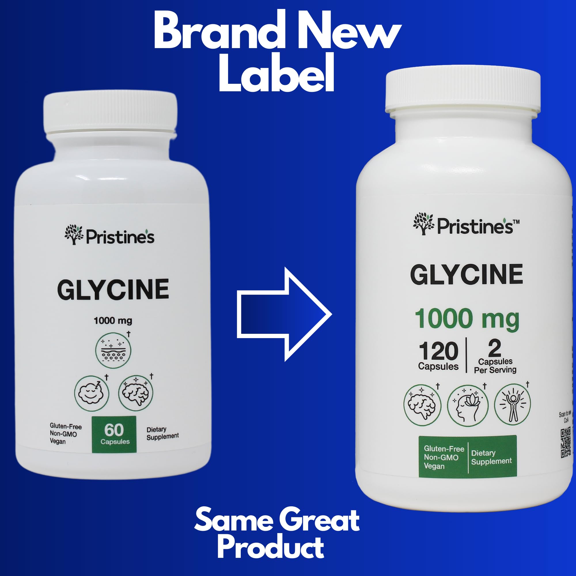 PRISTINE'S Glycine capsules close-up highlighting vegan, non-GMO formula.
