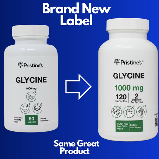 PRISTINE'S Glycine capsules close-up highlighting vegan, non-GMO formula.