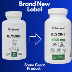 PRISTINE'S Glycine capsules close-up highlighting vegan, non-GMO formula.