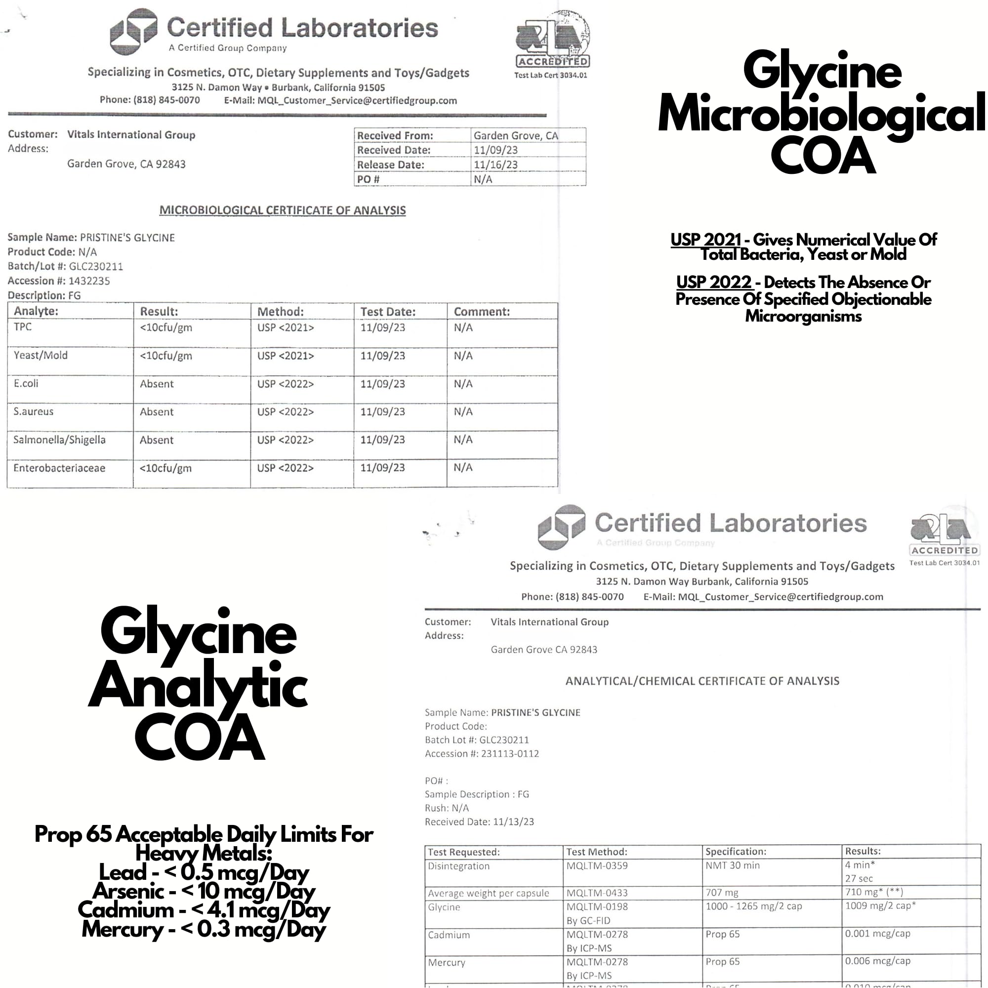 PRISTINE'S Glycine vegan and gluten-free badge emphasizing dietary compatibility.