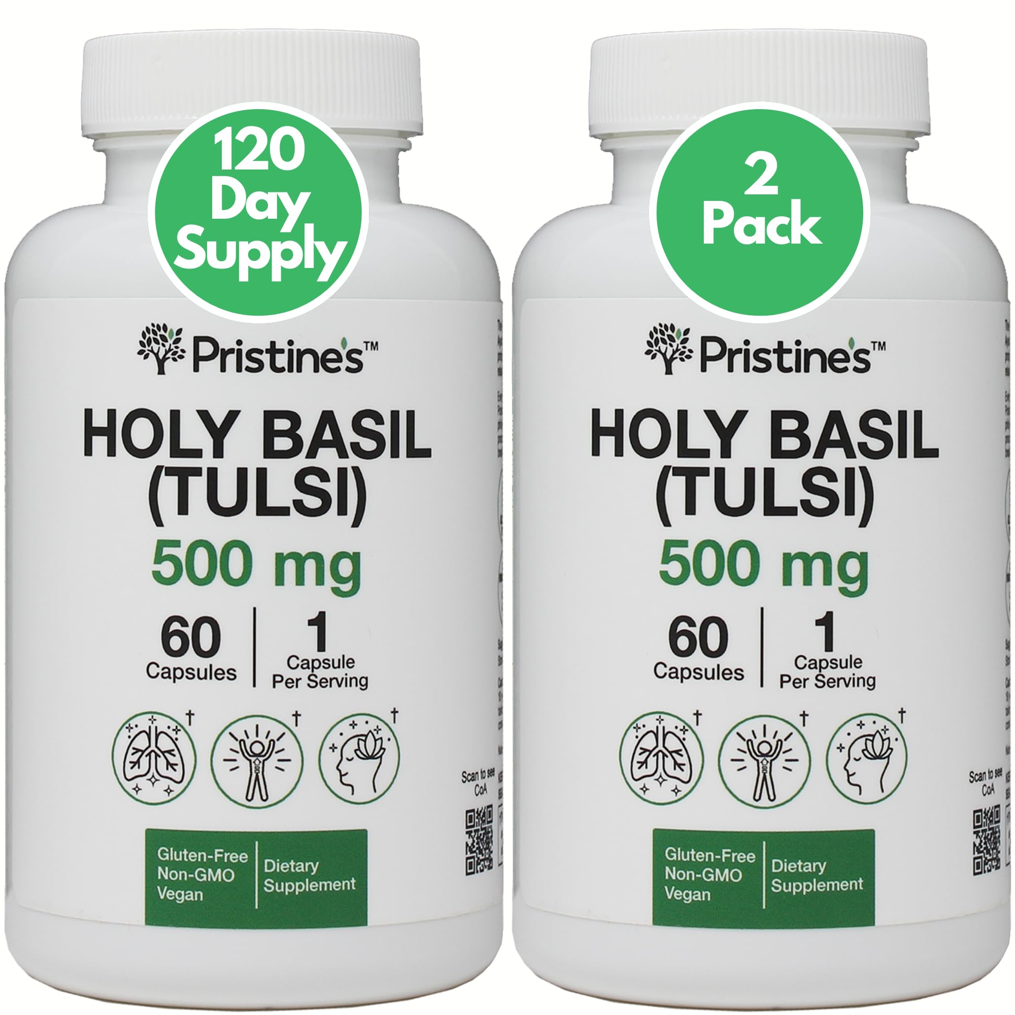 PRISTINE'S Holy Basil Tulsi bottle shows 500 mg capsules for daily wellness.