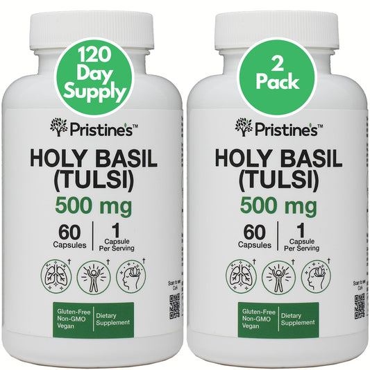 PRISTINE'S Holy Basil Tulsi bottle shows 500 mg capsules for daily wellness.