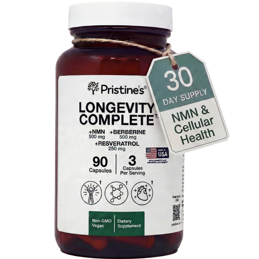 PRISTINE'S Longevity Complete bottle highlighting NAD+ support for daily energy