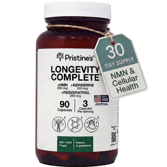 PRISTINE'S Longevity Complete bottle highlighting NAD+ support for daily energy