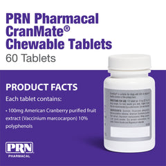 PRN CranMate bottle label close-up highlighting 100 mg American cranberry extract and polyphenols.