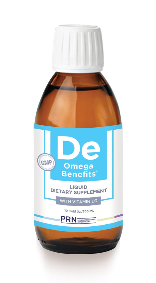PRN DE Omega bottle pouring to illustrate easy daily dose for eye comfort.