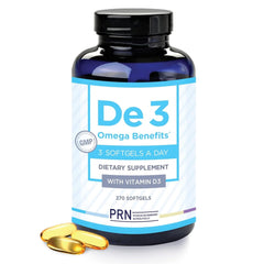 PRN De3 dry eye bottle and softgels for daily eye nutrition