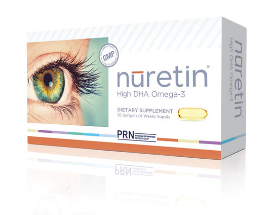 PRN Nuretin bottle and capsules supporting retinal health and daily eye nourishment.