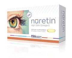 PRN Nuretin bottle and capsules supporting retinal health and daily eye nourishment.