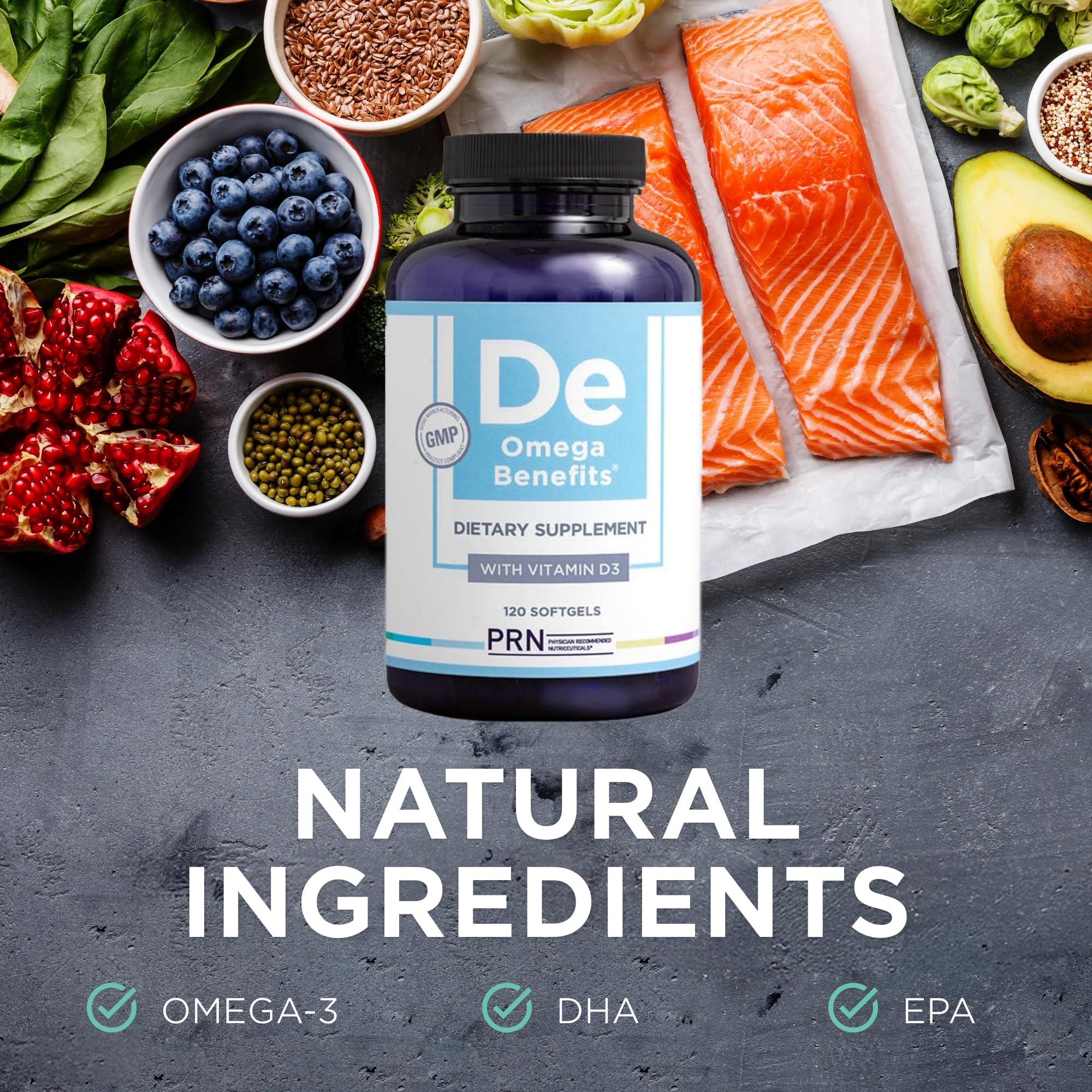 PRN Omega-3 daily dose shows two softgels per day.