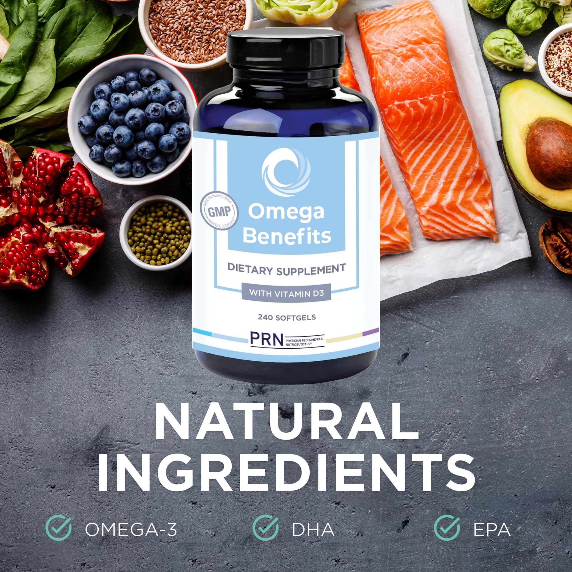 PRN Omega 3 bottle communicates trusted doctor-recommended status