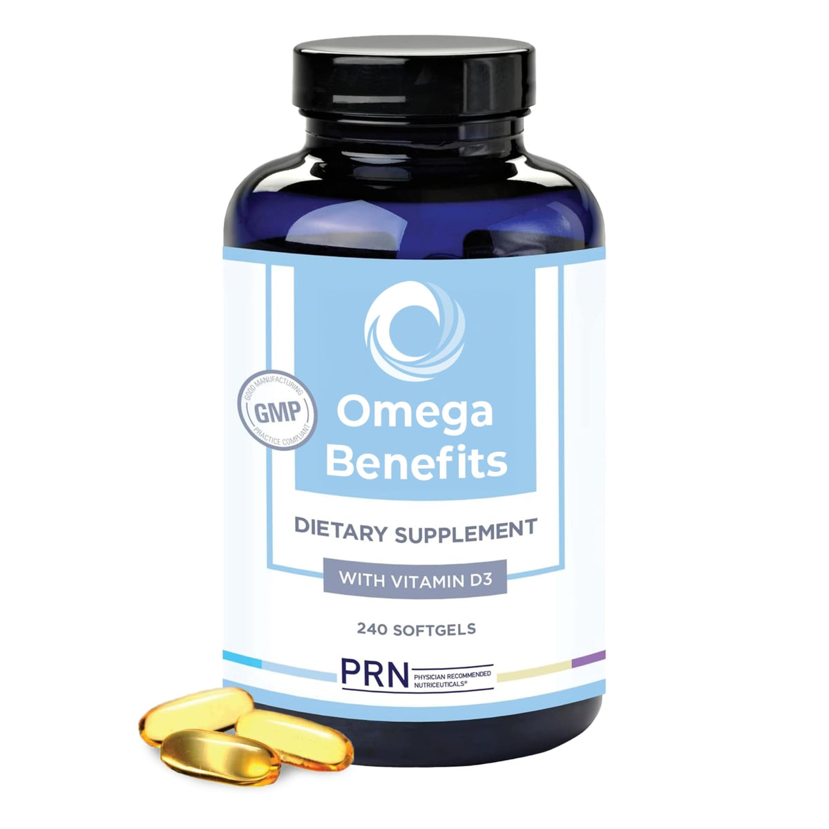 PRN Omega 3 softgels in a bottle for convenient daily use