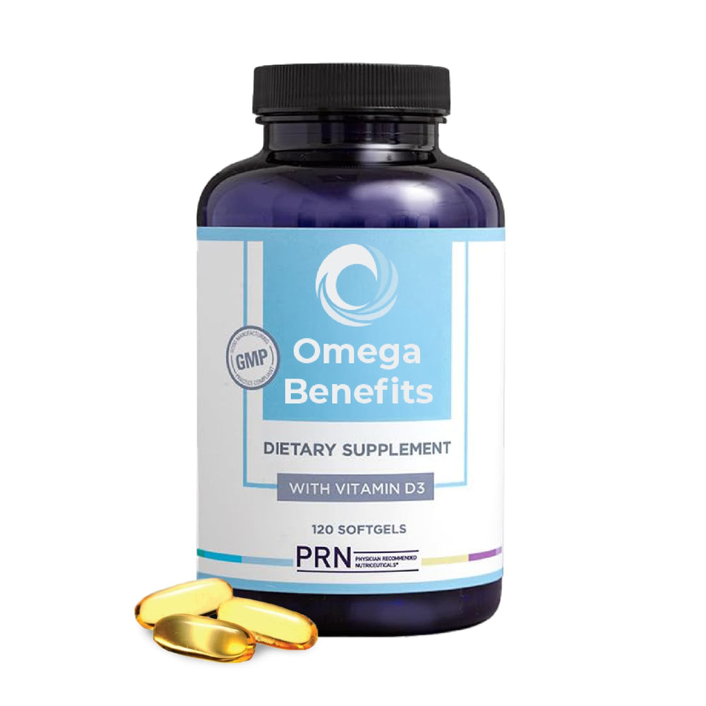 PRN Omega-3 supplement bottle pouring for easy daily wellness.