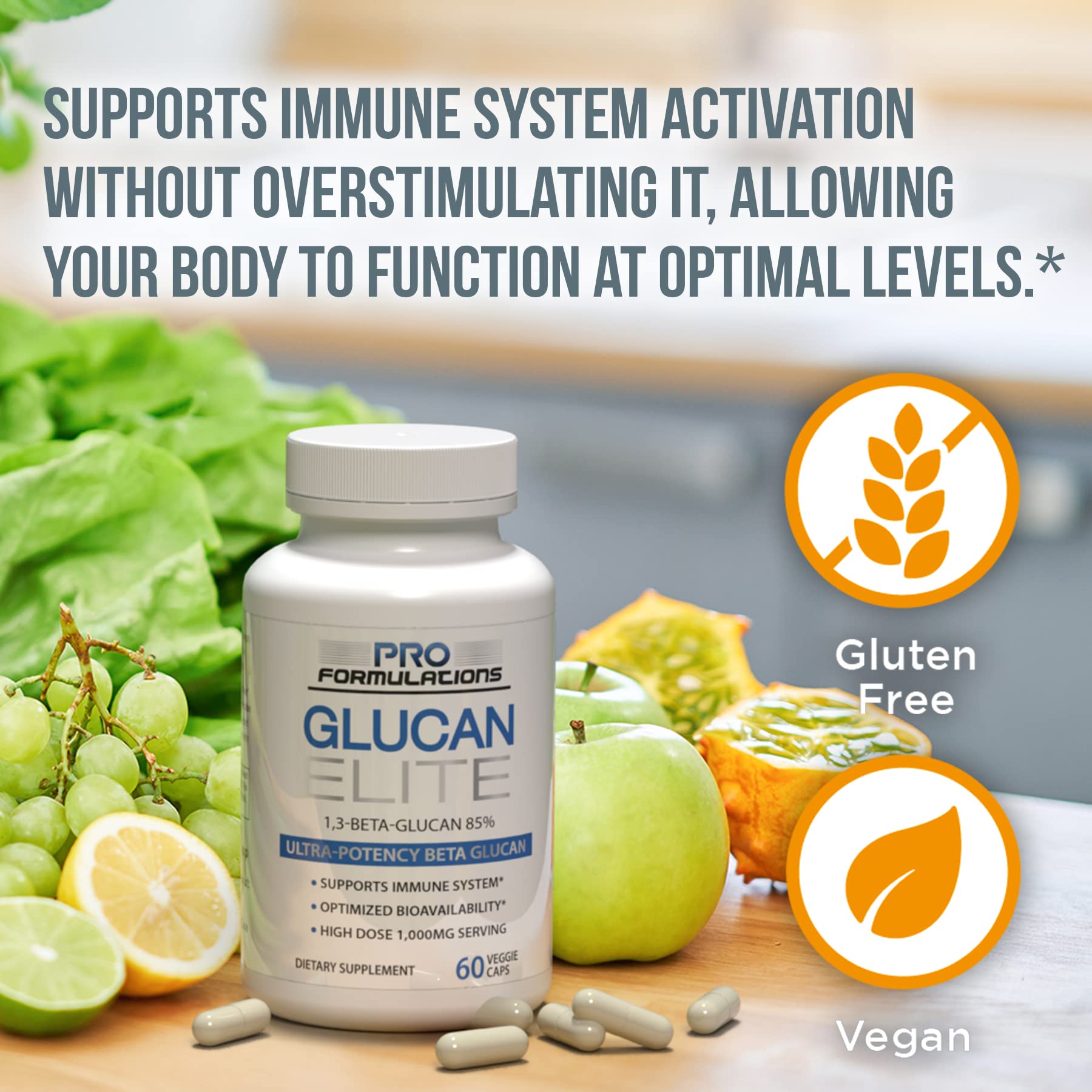 Glucan Elite bottle being opened to reveal easy-to-take capsules