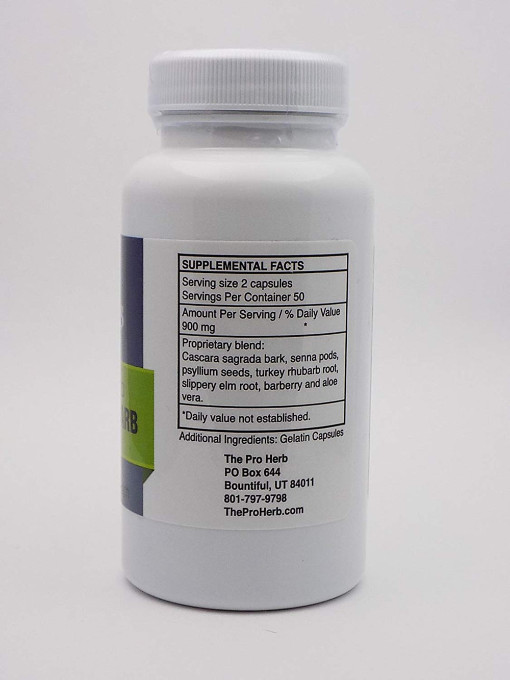 Pro Herb Turkey Rhubarb capsules closeup showing natural herbs for regularity.