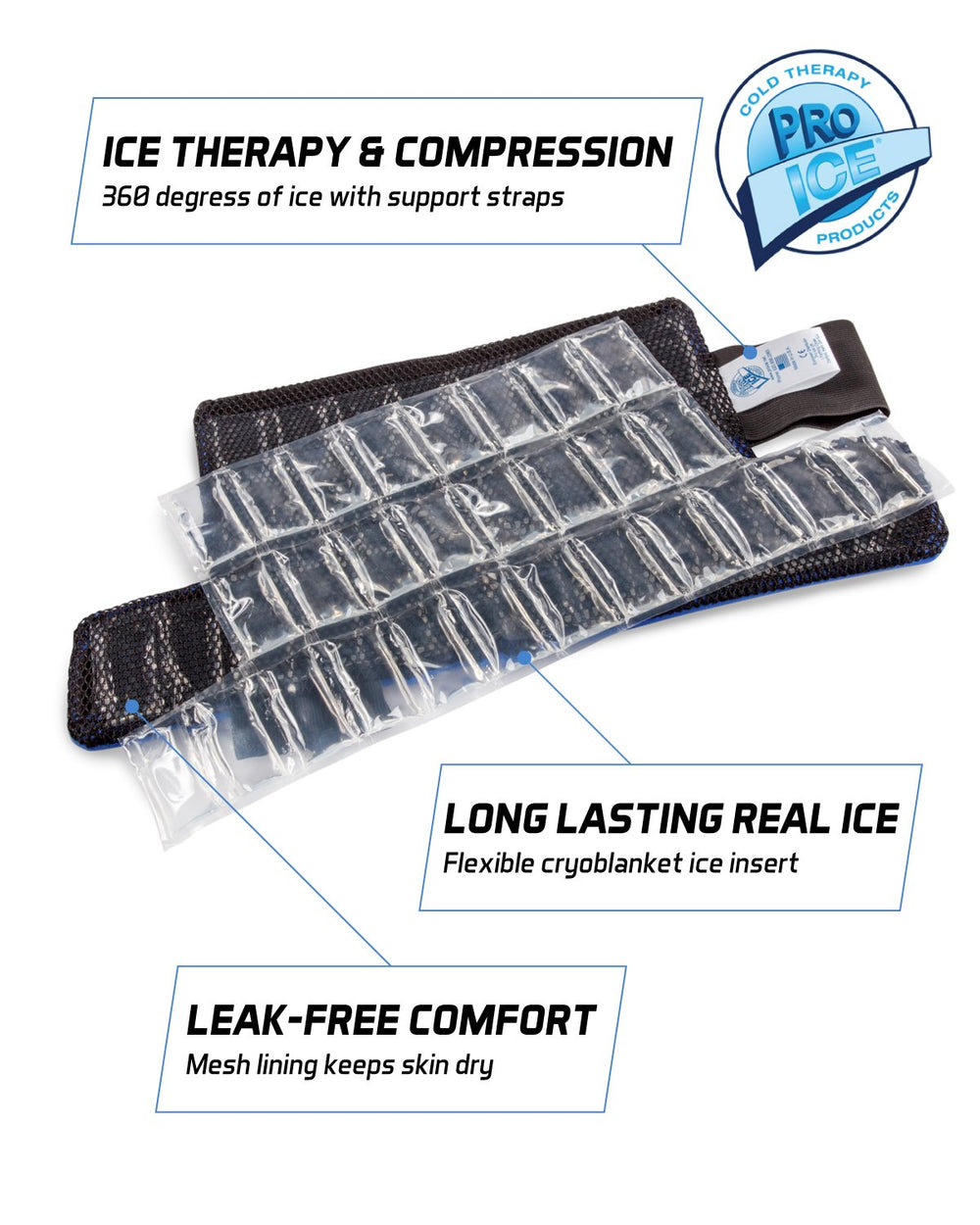 Pro Ice reusable ice packs included for ongoing cold therapy routines.