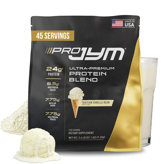Pro JYM Tahitian Vanilla protein bottle with clear label for reliable muscle-building support