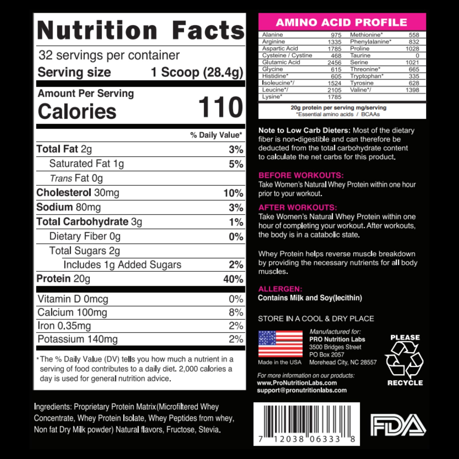 PRO NUTRITION LABS whey vanilla ingredient panel details grass-fed, rBGH-free protein.