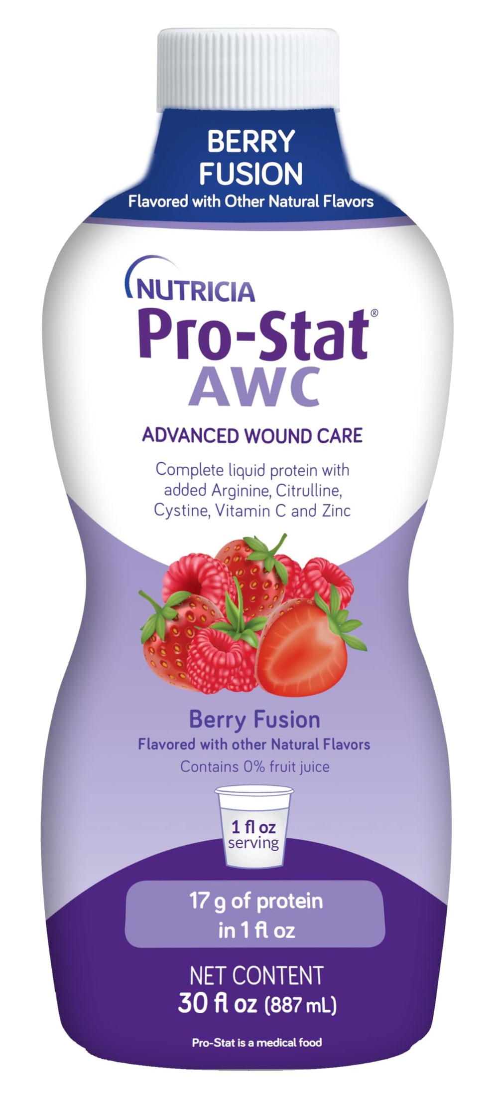 Pro-Stat AWC Berry Fusion bottle shown for convenient protein support during recovery