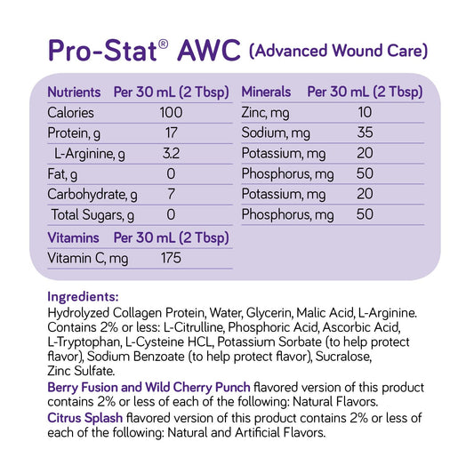 Pro-Stat AWC Berry Fusion ingredients label shows hydrolyzed collagen content.