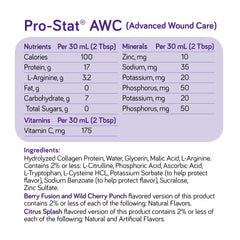 Pro-Stat AWC Berry Fusion ingredients label shows hydrolyzed collagen content.