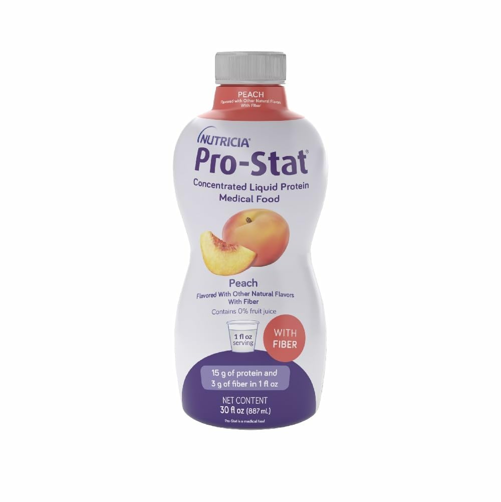 Pro-Stat peach-flavor bottle showing concentrated protein for easy nutrition on the go