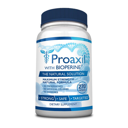 Proaxil bottle front shows natural prostate support formula for daily vitality.