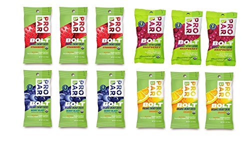 PROBAR Bolt box featuring Orange, Raspberry, Strawberry, and Berry Blast chews for sustained energy during workouts.