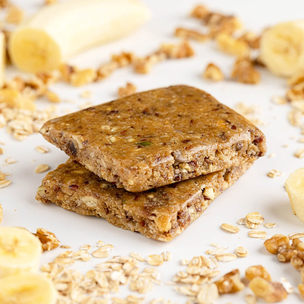 Close-up of PROBAR MEAL Bar Banana Nut Bread bar with a nutty aroma.