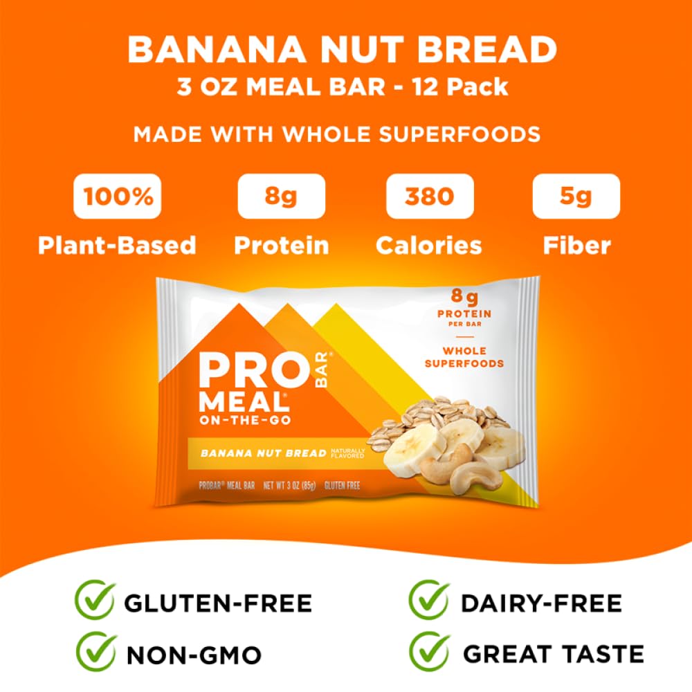 PROBAR MEAL Bar Banana Nut Bread ingredients shown: oats, nuts, seeds.