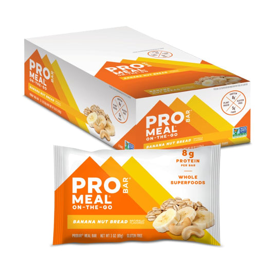 PROBAR MEAL Bar Banana Nut Bread packaging illustrating portable, non-GMO nutrition.