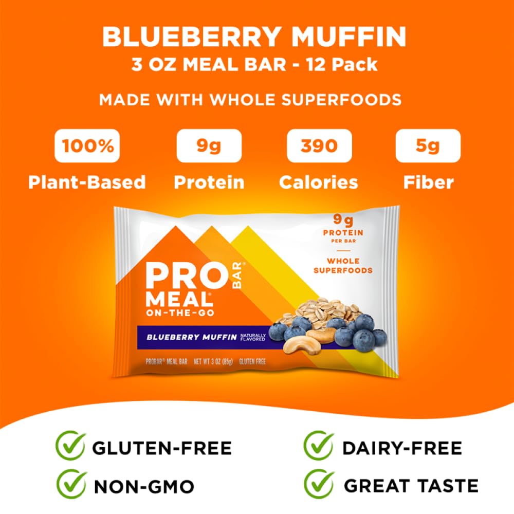 PROBAR Blueberry Muffin Meal Bar ingredients shown as oats and nuts for fiber.