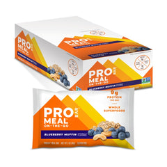 PROBAR Meal Bar Blueberry Muffin packaging highlights gluten-free energy for busy mornings.
