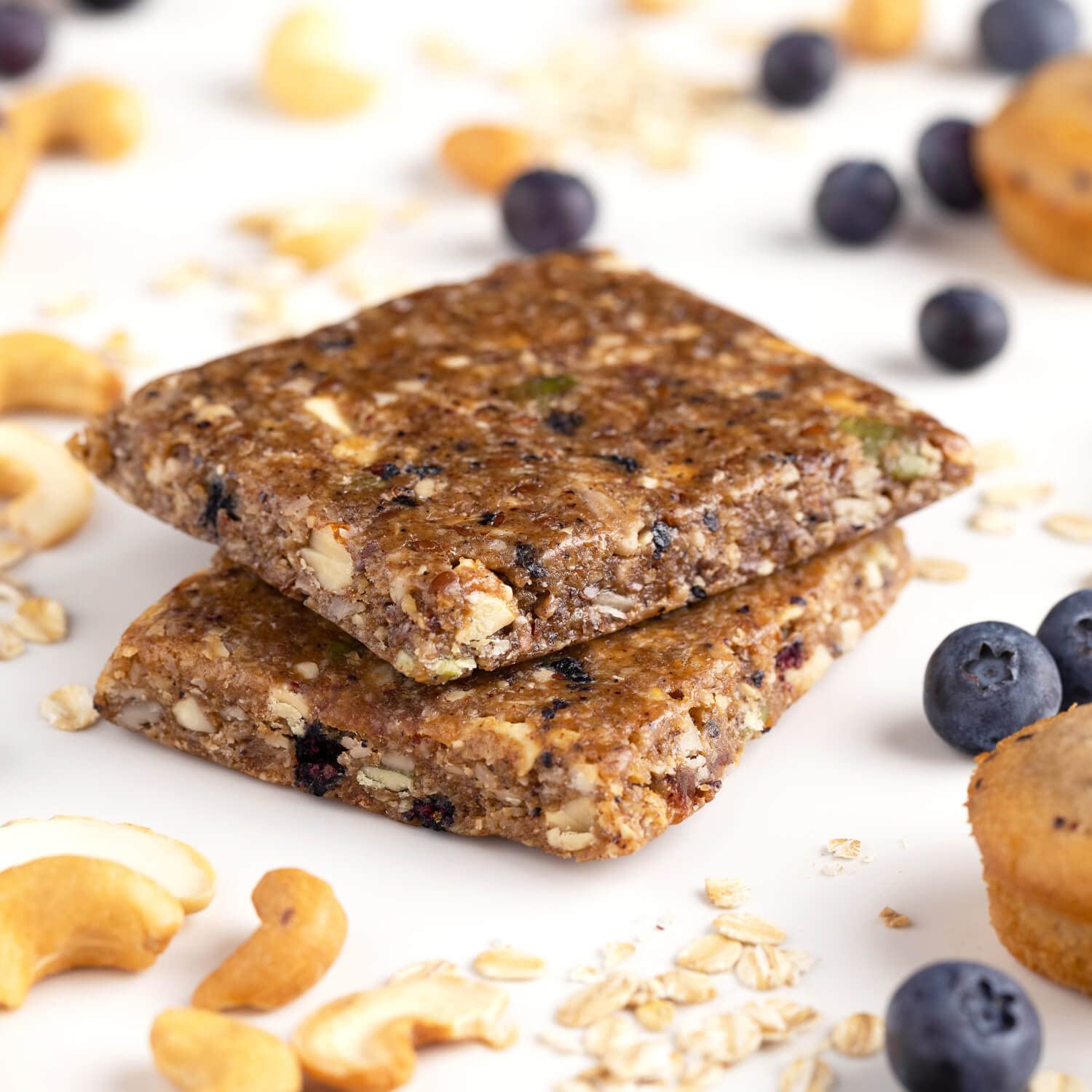 PROBAR Meal Bar Blueberry Muffin texture close-up emphasizes natural ingredients and protein.