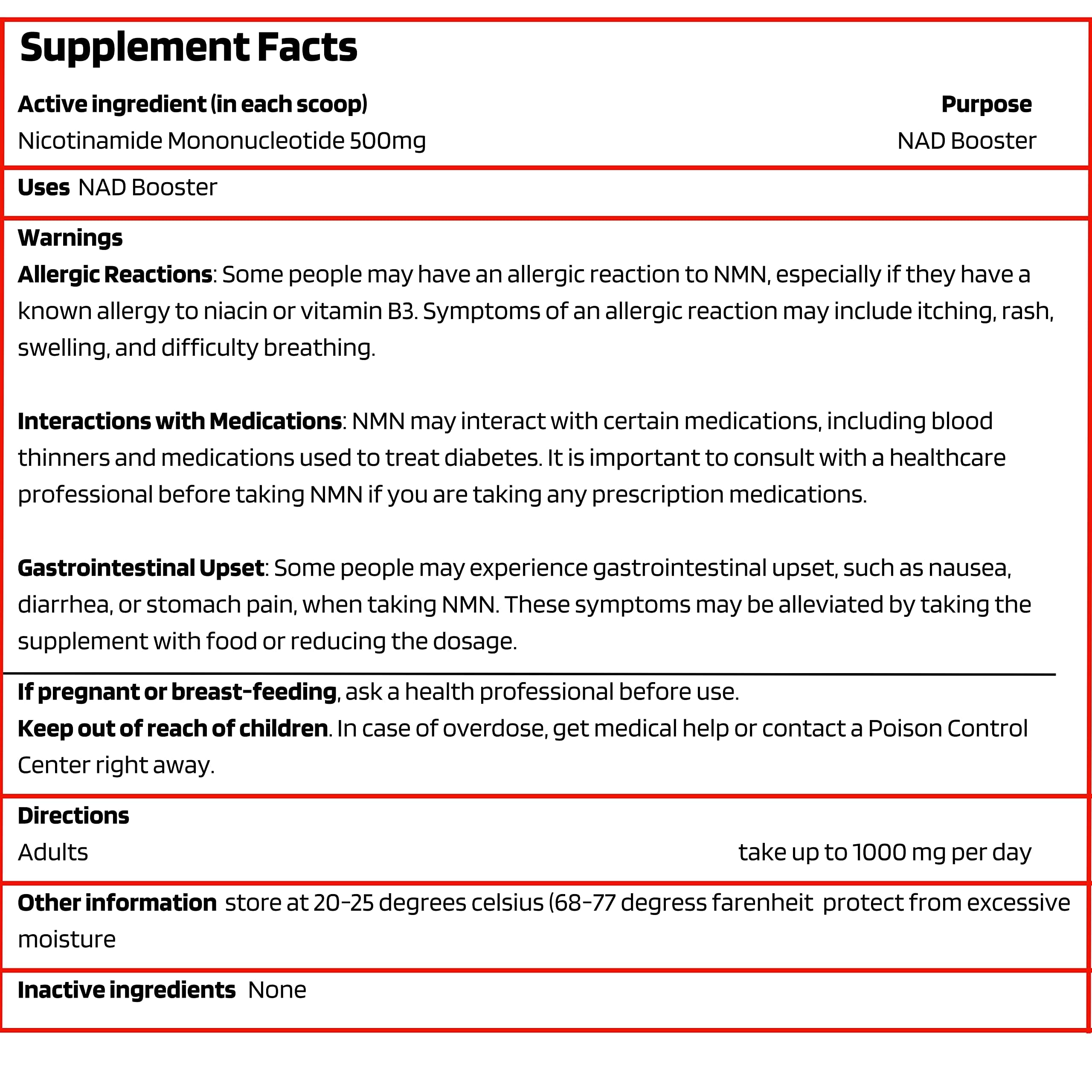 Probase Longevity NMN powder label with ingredients and purity information