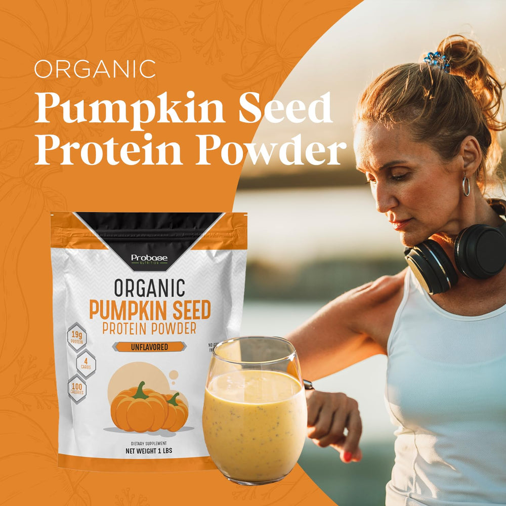 Probase Nutrition pumpkin seed protein powder added to a smoothie for natural flavor.