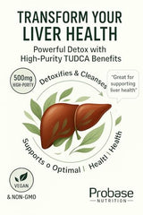 Probase Nutrition TUDCA capsules close-up emphasize vegan, non-GMO ingredients